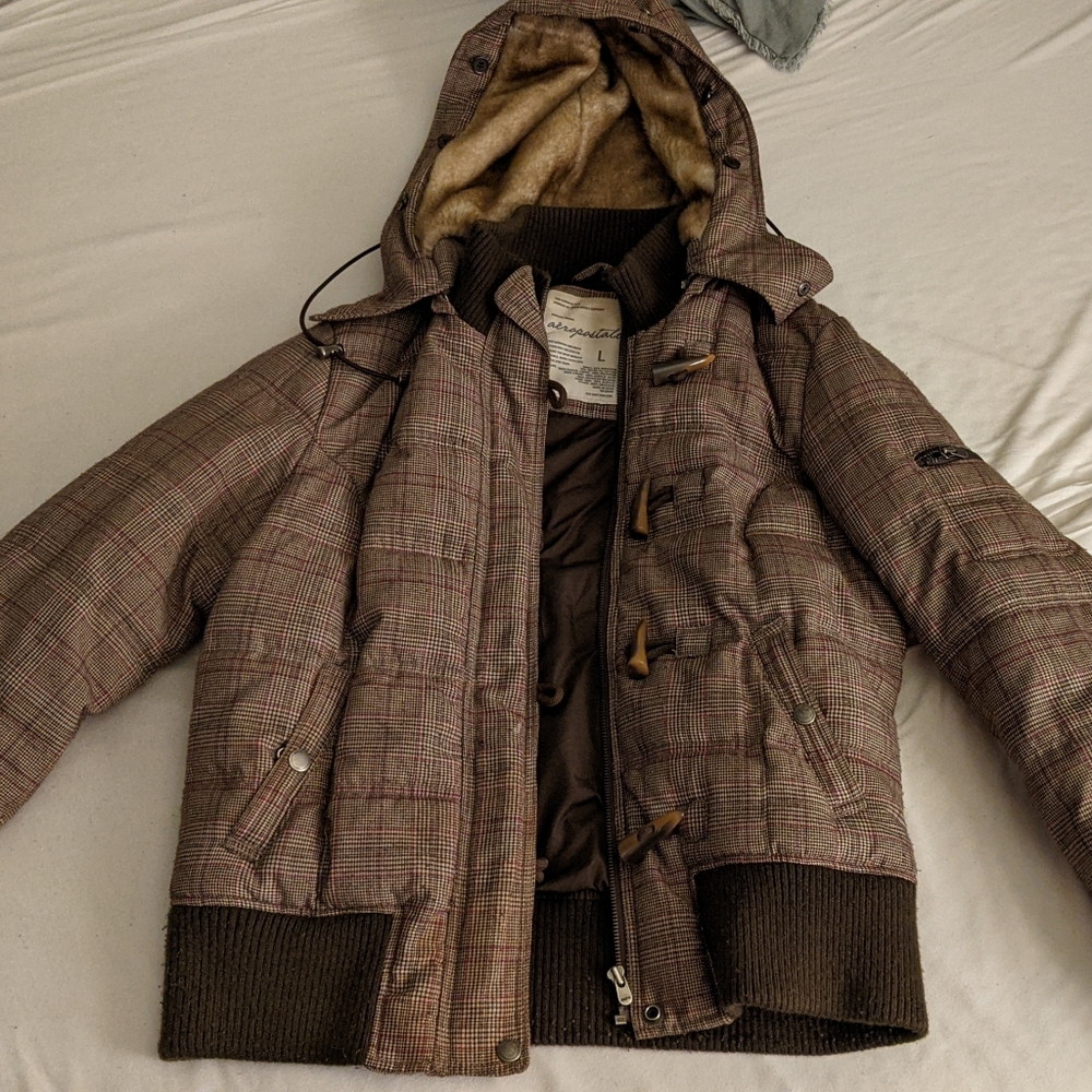 Warm tweed/flannel winter jacket with beautiful pattern and fur hood